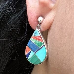 Vintage Silver with Green and Blue Inlay Crescent Earrings